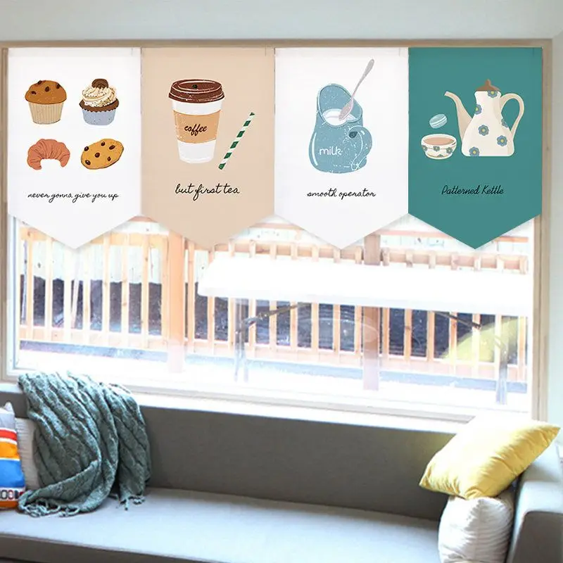 VIKAMA Coffee Tea Bakery Window Valance Curtain, Croissant Muffin & Teapot Print Triangle Bunting Garland for Cafe Entrance