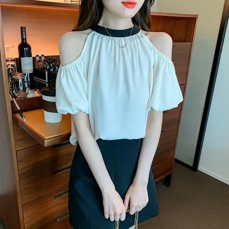 Fashionable Sweet Summer New Shirts Women\'s Spliced Solid Ruched Round Neck Off-the-shoulder Loose Short Sleeve Chiffon Blouses