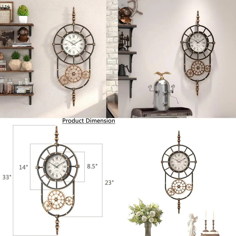 

Vintage Steampunk Wall Clock, Large Antique Gold & Black Metal Clock for Living Room, 23 High x 14 Wide