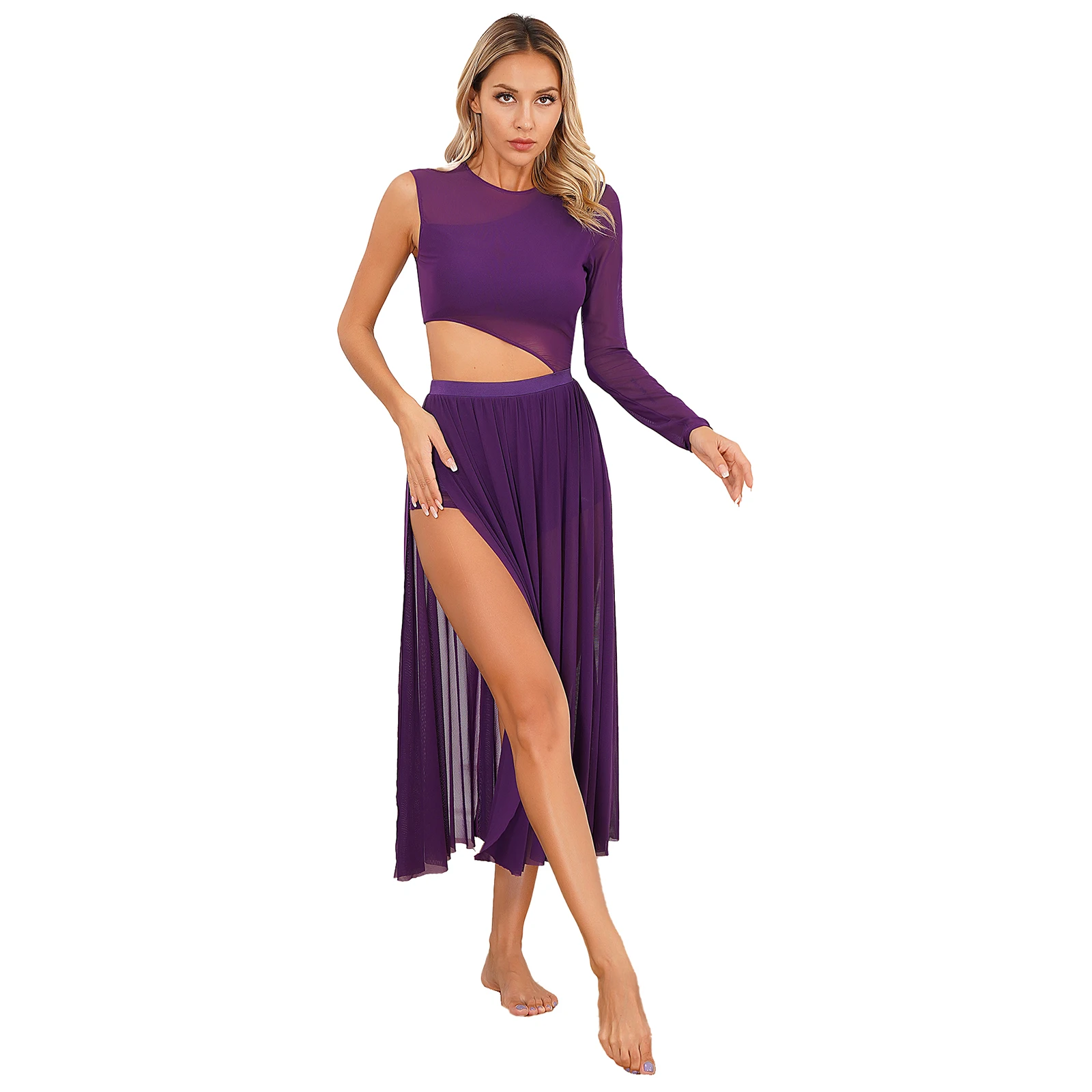 Ropa de baile Sexy para mujer, vestido de retazos con cuello redondo, abertura lateral, vestidos de malla transparente, traje de actuación de baile lírico moderno