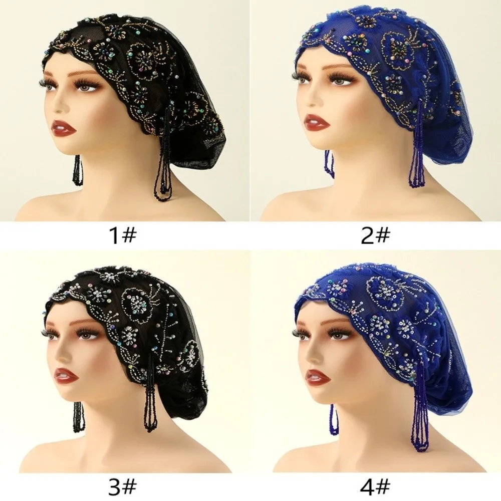 Strass Perlen muslimische Spitze Hut Spitze Hijab bestickt Design Perlen Hut Untertuch Motorhaube Headwrap Stil Diamant Faden Hut