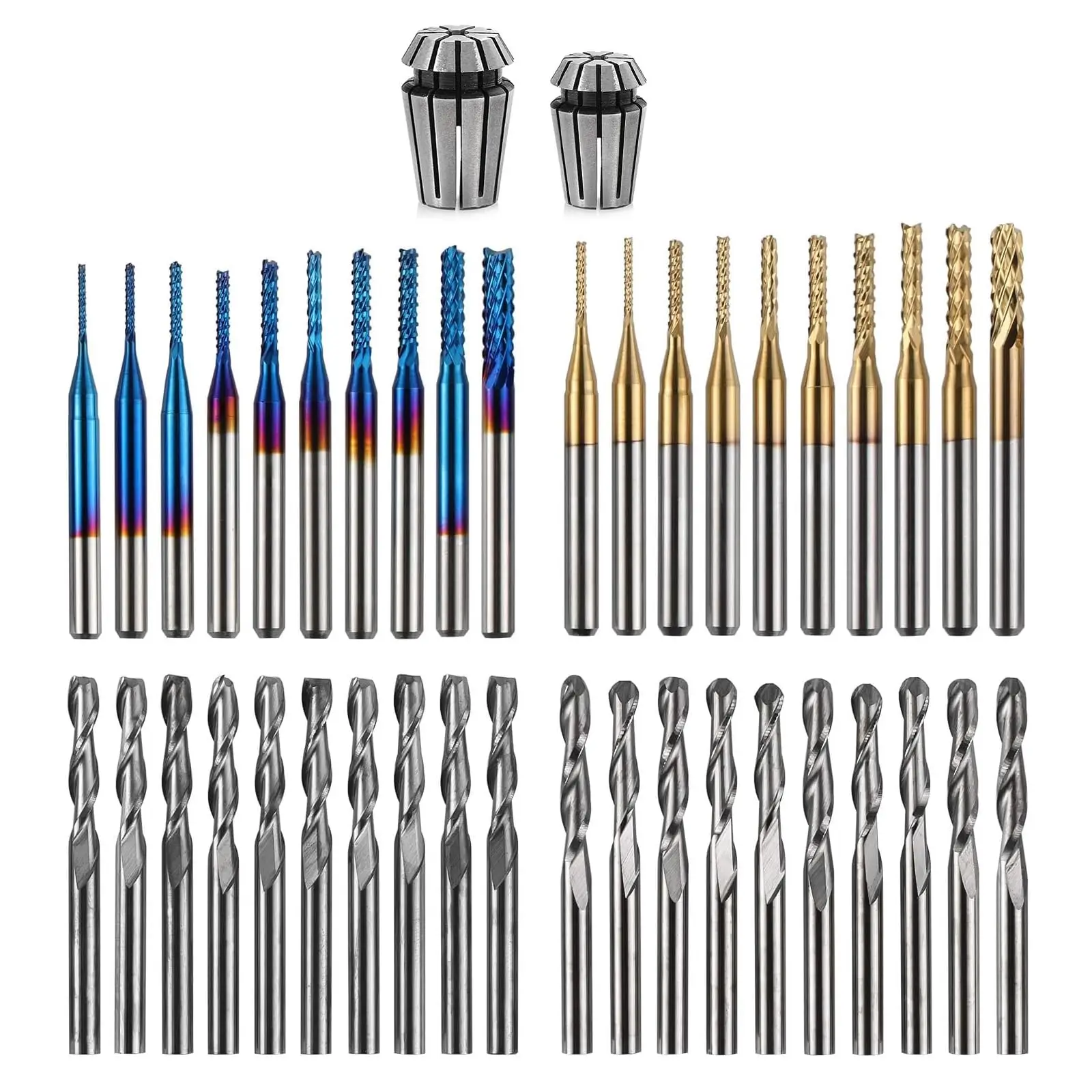 40pcs CNC Woodworking Tools with ER11, ER16 Collet End Mill 3.175mm Nano Blue Coat Milling Cutter Engraving Bits for cnc 3018