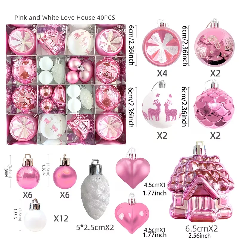 40Pcs Pink White Christmas Ornaments Set, Shatterproof Assorted Xmas Baubles, Hanging Christmas Tree Decor Balls & Shaped Orname