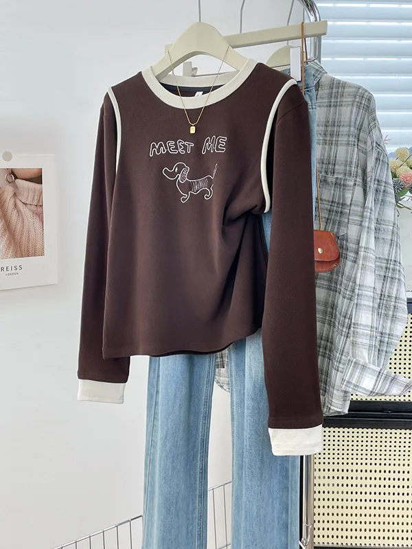 

Уникальная красивая контрастная круглая футболка Ne с мультяшной вышивкой, тяжелый дизайн, зимняя футболка Thiened Long Sve Base irt