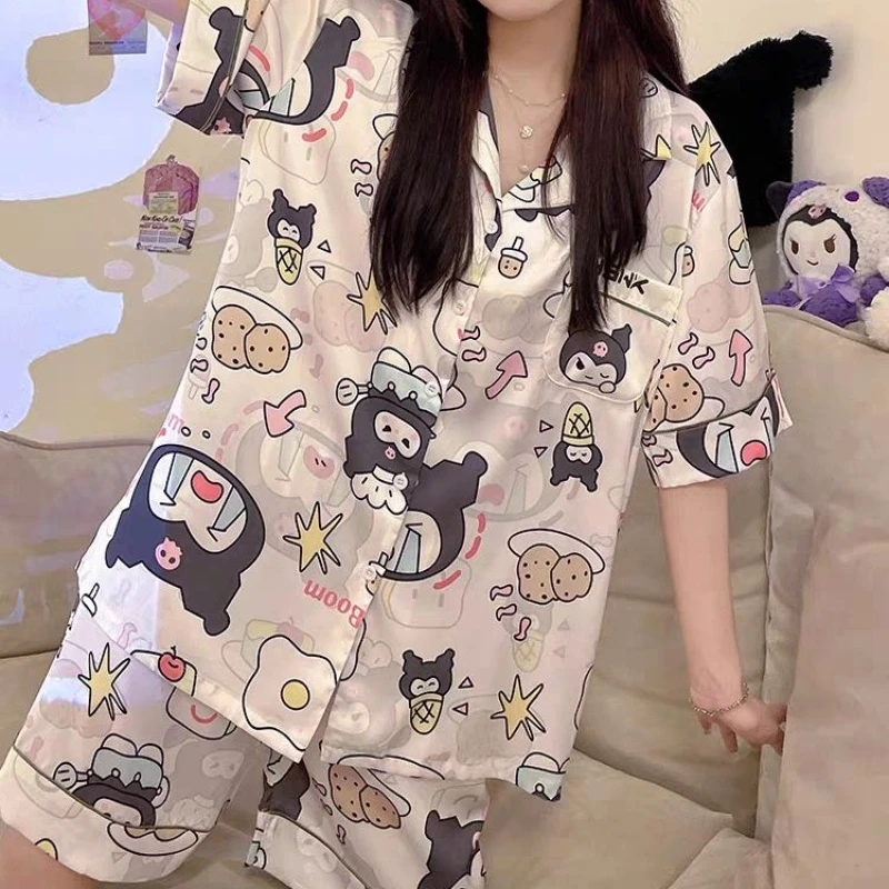 Sanrio Kuromi-Conjunto de pijama de manga corta para el hogar, conjunto de pantalones cortos con dibujos animados, cárdigan Kawaii bonito, ropa para el hogar, nuevo estilo