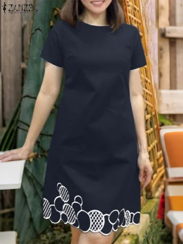 Imagen 2 del producto ZANZEA 2025 verano elegante vestido hasta la rodilla de manga corta Vestidos de mujer 2025 vestido veraniego bordado Retro Vestidos de trabajo informales