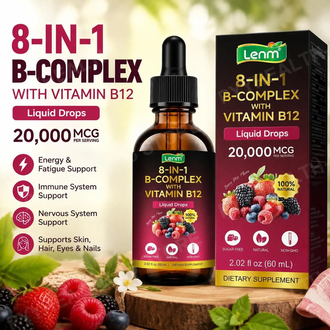 Lenm Vitamin B12 B-Complex Liquid Drops 8-in-1 Supports Nervous System Immune Health and Daily Energy 60 ML Sugar-Free Non-GMO