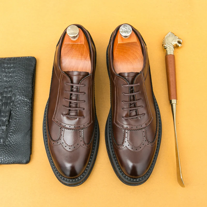

HKDQ Повседневная деловая обувь Мужские коричневые туфли-броги в британском стиле Мужская кожаная обувь Официальная обувь на шнуровке для мужчин Большой размер 38-46