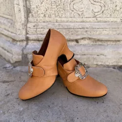 Women Metalic Shoes 3cm Heels Branded Pumps Retro 5cm Fashion Rubber PU Med Decoration Hoof 3cm Heels Women Metalic Shoes Brande