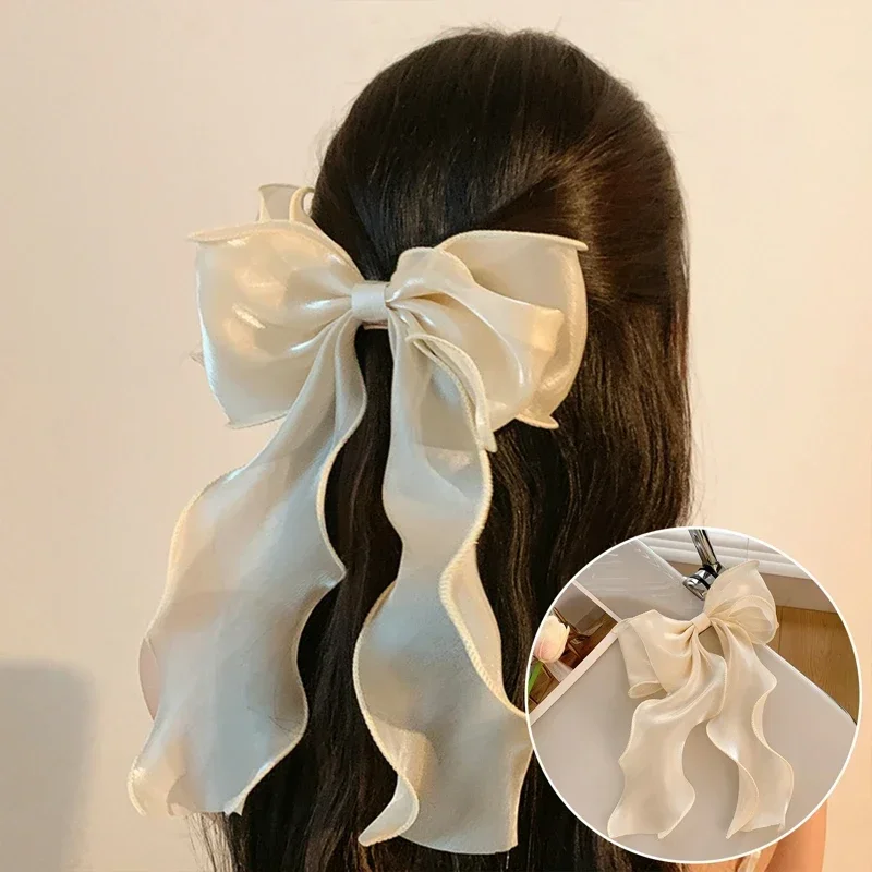 Fashion Chiffon Bow Hair Clips Blue Shining Satin Bowknot Hair Clips Ribbon Bow Barrette Hairpin Grip Ponytail Clip Headwear