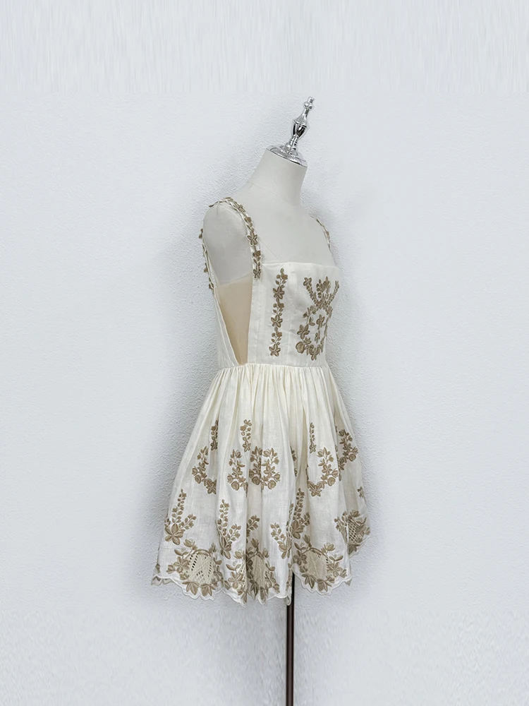 Summer Fashion Vintage Pattern Embroidery Elegant A-Line Mini Dress Women's Spaghetti Strap High Waist Slim Hollow Out Dress
