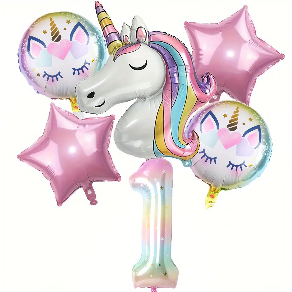 6 Stück Regenbogen-Einhorn-Ballon, 40 Zoll, Stern-Farbverlauf, Nummer 1–9, Geburtstags-Ballon-Set, festliche Party-Dekoration, Jubiläumszubehör