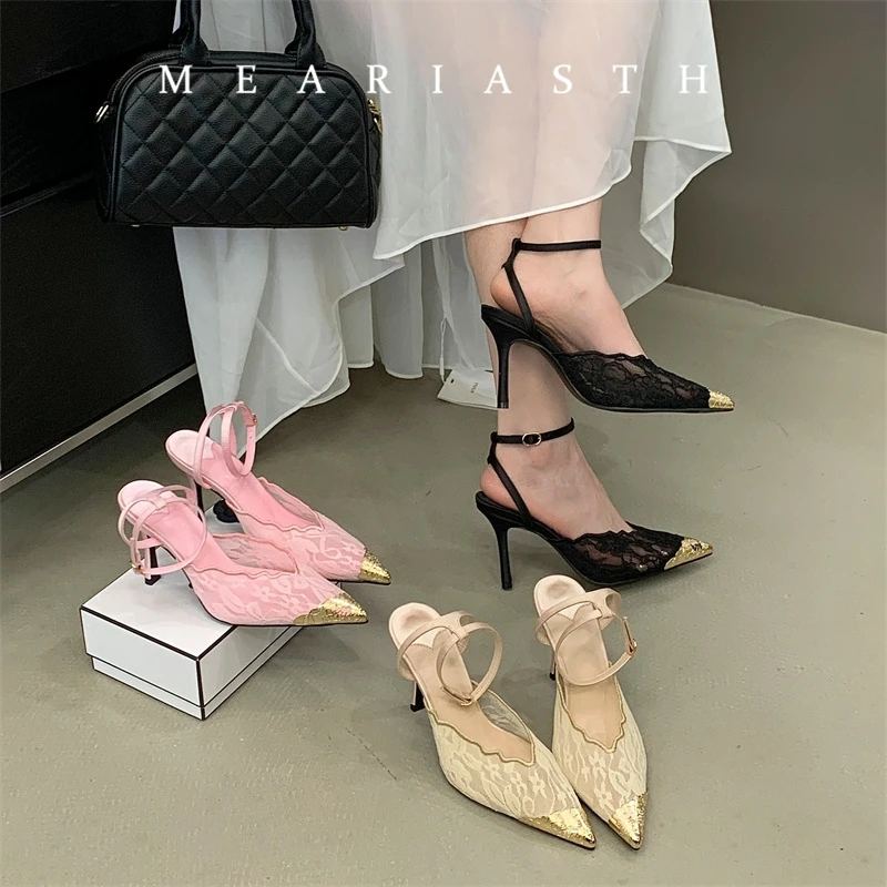

Fashion Retro Lace Hollow Out Designer Pointed Toe Thin Heels Slingbacks Pumps Women Wedding Banquet Dress Mules Ladies Shoes