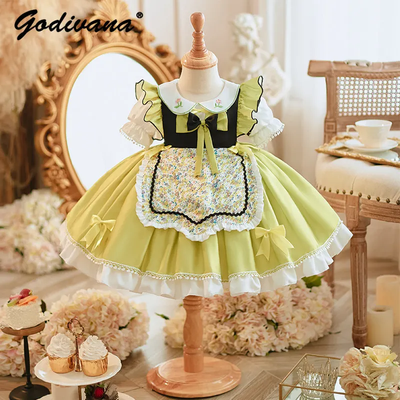 Sweet Baby Girls Lolita Princess Dress Toddler Summer New High End Print Embroidery Print Puff Sleeve Ruffle Trim Bow Ball Gown