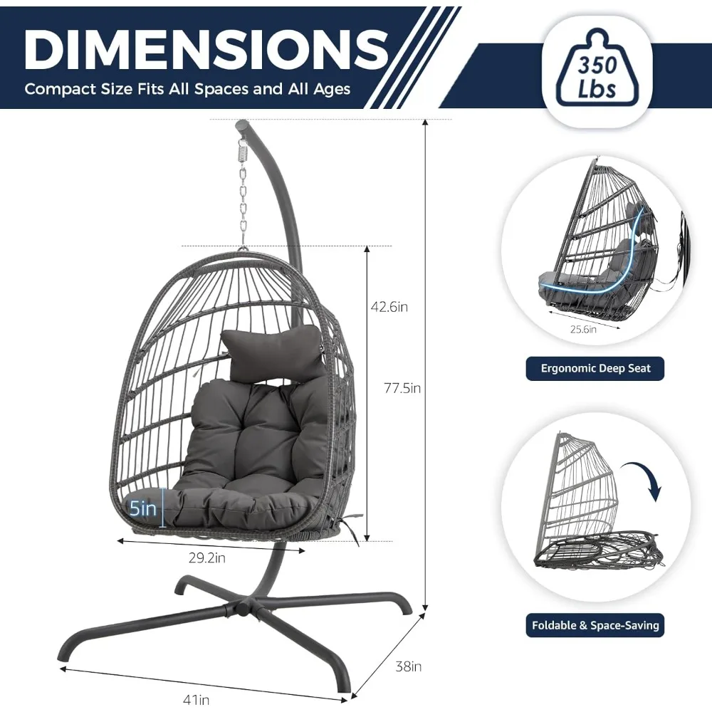 كرسي على شكل بيضة من الخيزران للاستخدام الداخلي والخارجي مع حامل، سلة معلقة للفناء، كرسي مريح مبطن على شكل بيضة للاسترخاء #2