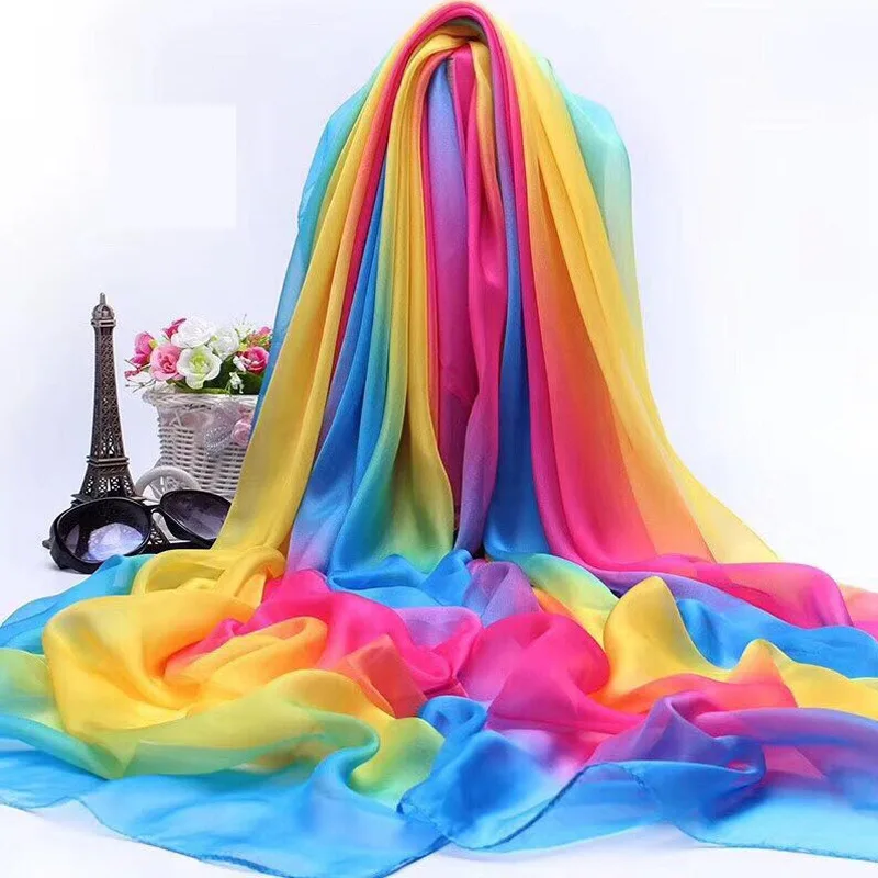 Chiffon Rainbow Kleurrijke Sjaal Vrouwen Arn Sjaal Dans Zijden Sjaal Oversized Strand Sjaal Vier Seasoyns