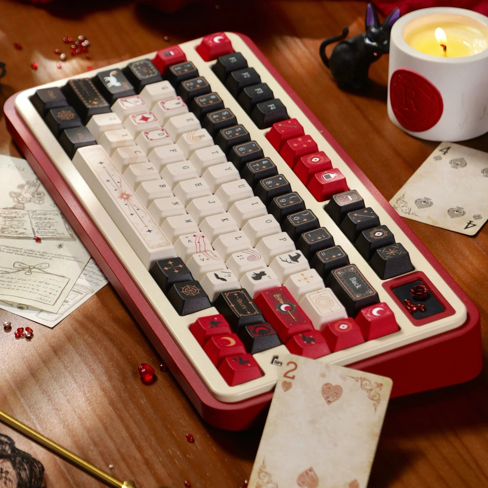 MAIMOOO Keycaps Flying Witch PBT Sublimation Keycaps 143 Key Red and Black Color Retro Keycaps