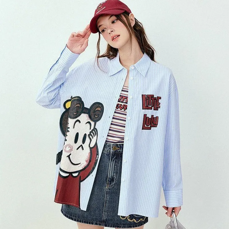 

Весенне-летняя женская полосатая рубашка, шикарная блузка, повседневные рубашки с длинным рукавом, свободные милые женские блузки с мультяшным принтом для девочек, NZ198