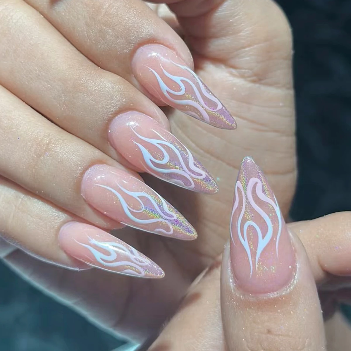 Women Girls Summer Nails 24Pcs/Set Long Stiletto French White Flame Printed Glitter Powder Full Coverage Wearable Fake Nail