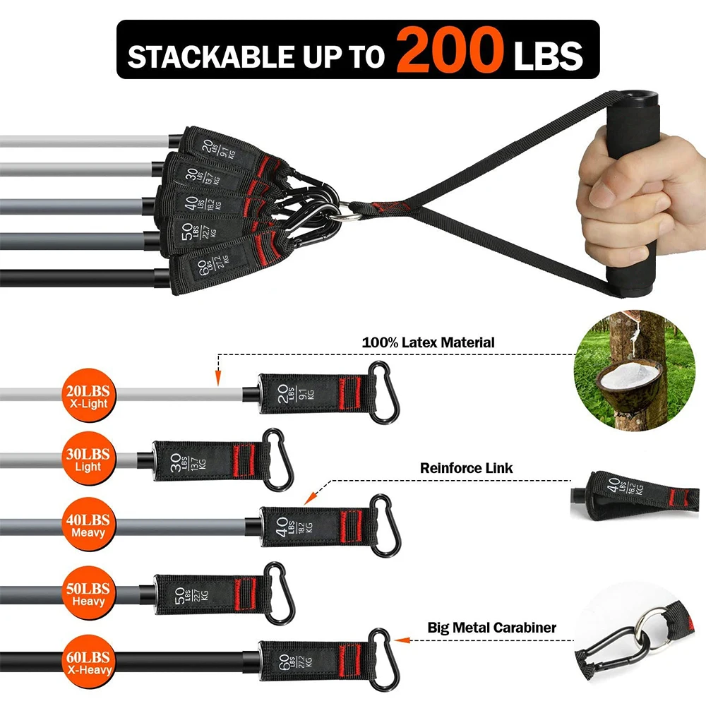 Set di fasce di resistenza da 200 libbre con barra fitness Allenamento Palestra Tirare la corda Yoga Tubo in lattice Sport Attrezzatura elastica per