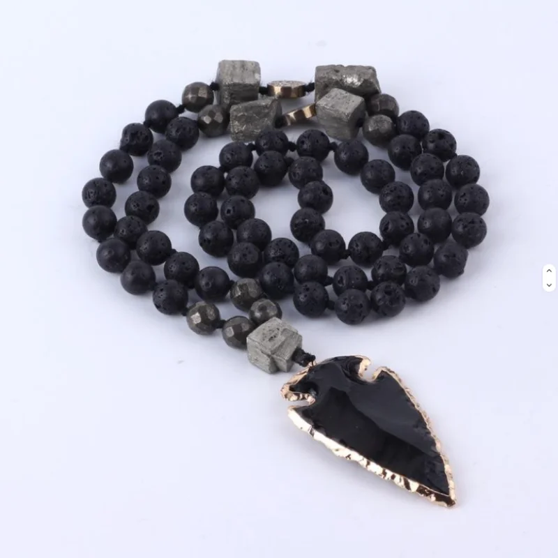 Lava Obsidian Beaded Necklaces Healing Meditation Men Jewelry Knotted Gemstone Healing Crystal Pendant Obsidian Arrow Necklace