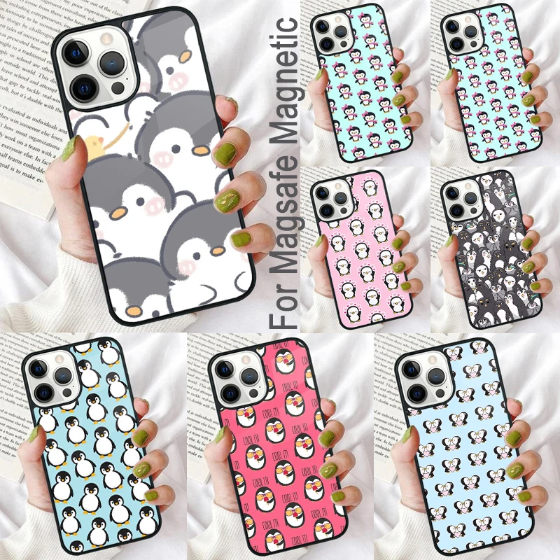 

Мягкий Магнитный чехол с мультяшным пингвином для iPhone 16 Promax 15 Pro 13 14 Plus 11 12 Mini MagSafe Coque