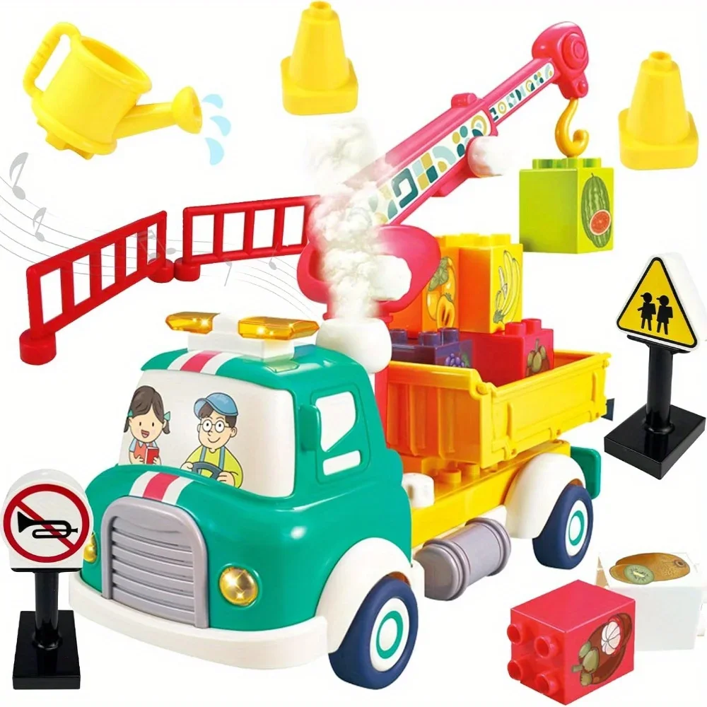 Vehicle Building Toy  with Road Sign Set,Fruit Transport Truck Building Blocks Toys with Sounds,Lights and Spray Effect for Kids