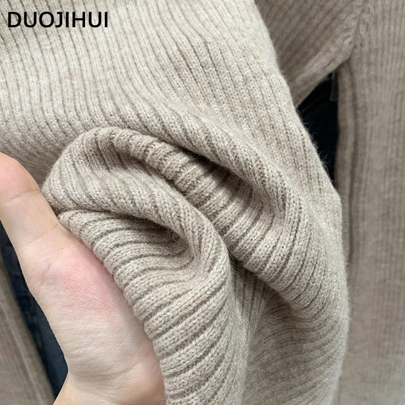 DUOJIHUI-Suéter feminino de tricô doce, pulôveres femininos finos, gola chilly para outono, manga comprida, moda casual simples, cáqui