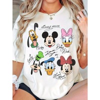 Disney Retro Mickey Mouse and Friends Signature Women's T-shirt Pure Cotton Cartoon Character Casual Couple Short Sleeve T-shirt
