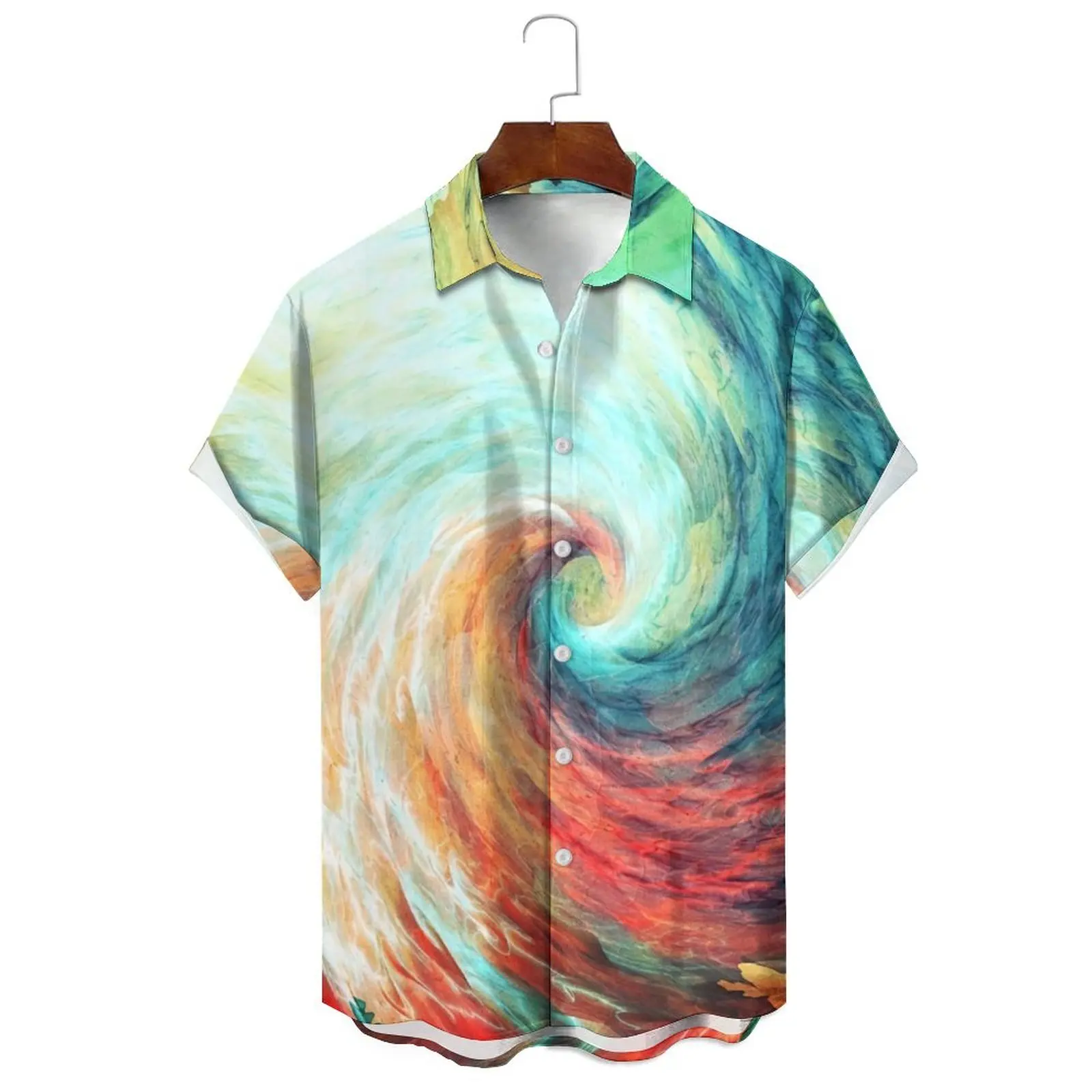 

Men's/Women's Summer Fashion Breathable Casual Loose Vortex Irregular Color Collision Printed Tie-Dye Lapel Short-Sleeved Shirt