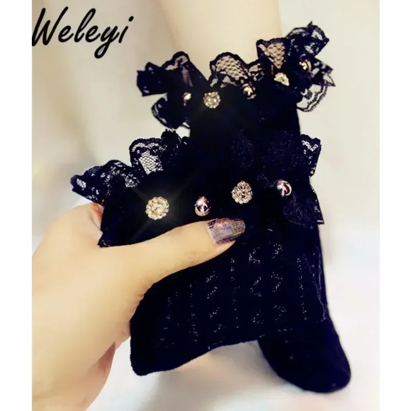 Jirai Kei Socks Lolita Cute Diamond Hollowed Socks 2024 Summer New Japanese Style Sweet Lotus Leaf Lace Hollowed Out Socks Women