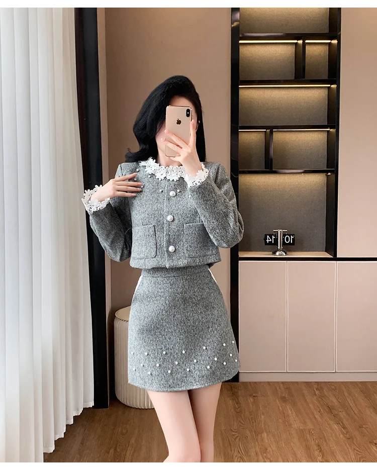 Autumn Winter Fashion Tweed Two Piece Set New Women Sweet Lace O-Neck Single Breasted Short Coat+Mini A Line Skirt Elegant Suits