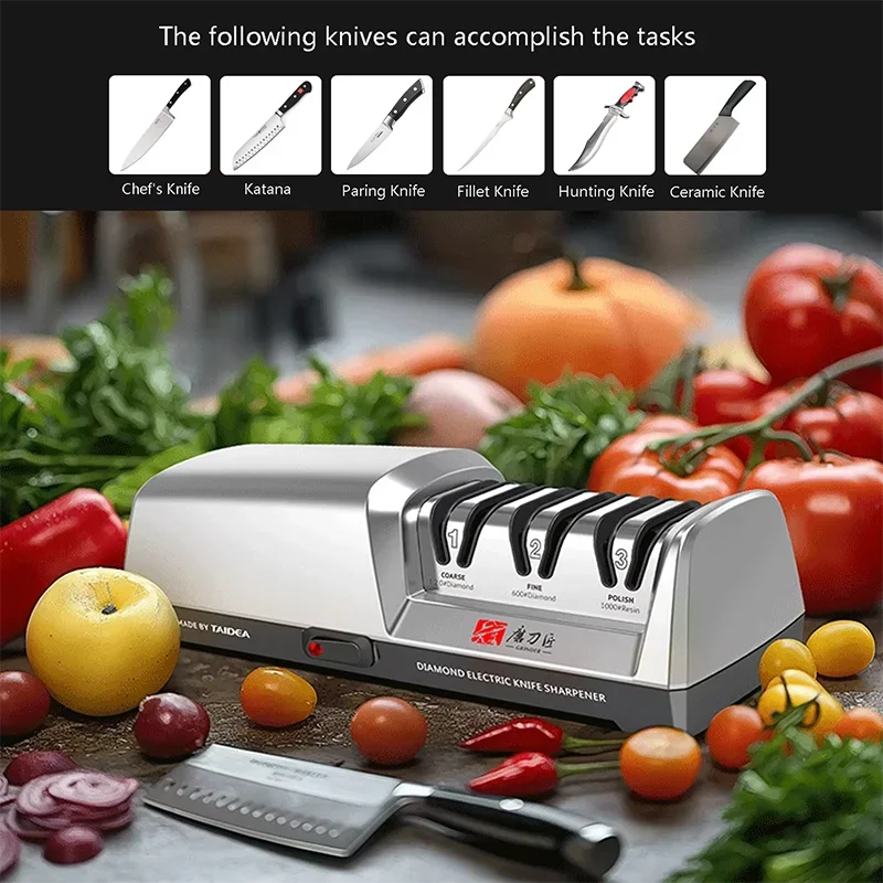 TAIDEA TG2302 Electric Knife Sharpener: Stainless Steel Build, 15 & 20 Degrees, 3-Stage System with Quick Sharpening/Polishing