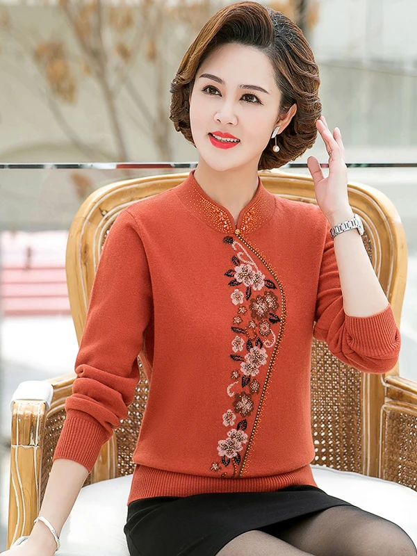 

Осень-зима, новый шерстяной свитер Sle Thiened ort для женщин среднего возраста и ли, воротник Qipao с эффектом бриллиантов