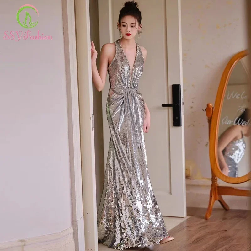 Customized Sexy Silver Sequins Mermaid Evening Dress V-neck Fishtail Backless Glittering Prom Party Gowns for Women Vestido