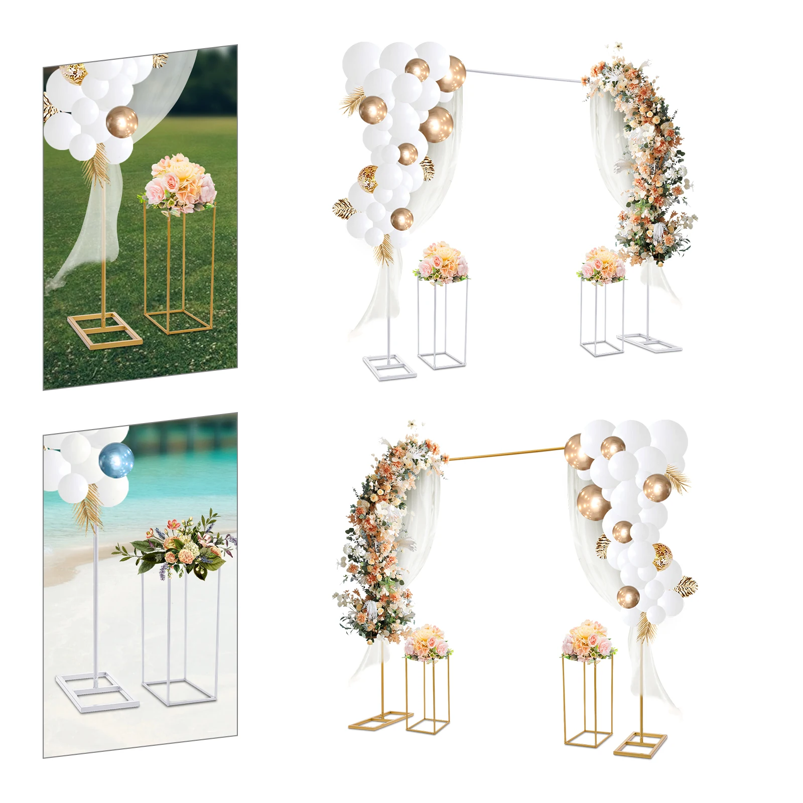 Branco e ouro balão Stand com flor Stands, Metal casamento Stand, casamento Backdrop Stand