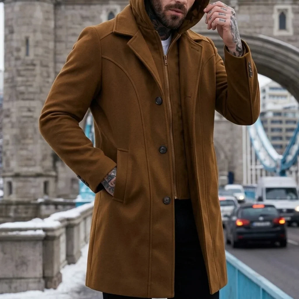 New Autumn-Winter Men's Double-Layered Hooded Overcoat Warm Durable Street Smart Casual Long-Length Outerwear for Men
