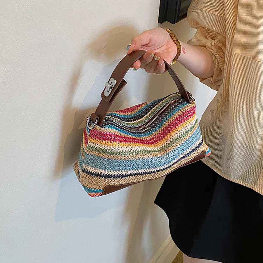 Gestreifte gewebte Strohtasche für Damen – Leichte, geräumige Tragetasche mit abnehmbarem Münzbeutel und Reißverschluss für den Strandurlaub