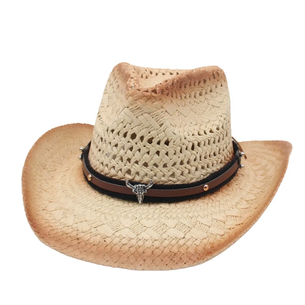 Sombrero de Vaquero de Ala Curva Tejido a Mano, Sombrero de Paja Estilo Western con Decoración de Cabeza de Toro, Ideal para Ranchos, Ocio, Viajes al Aire Libre