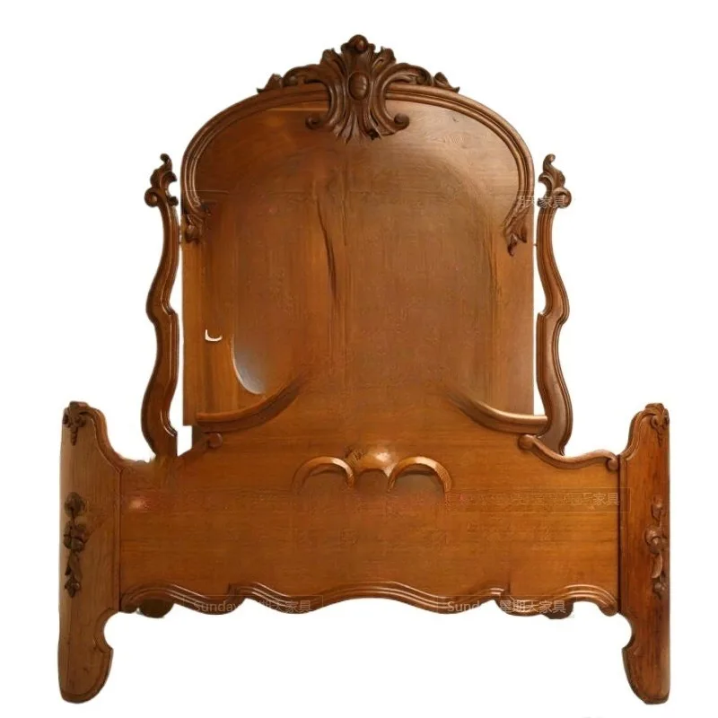 Vintage solid wood carving flower bed French painted cat high backrest princess bed master bedroom solid wood bed