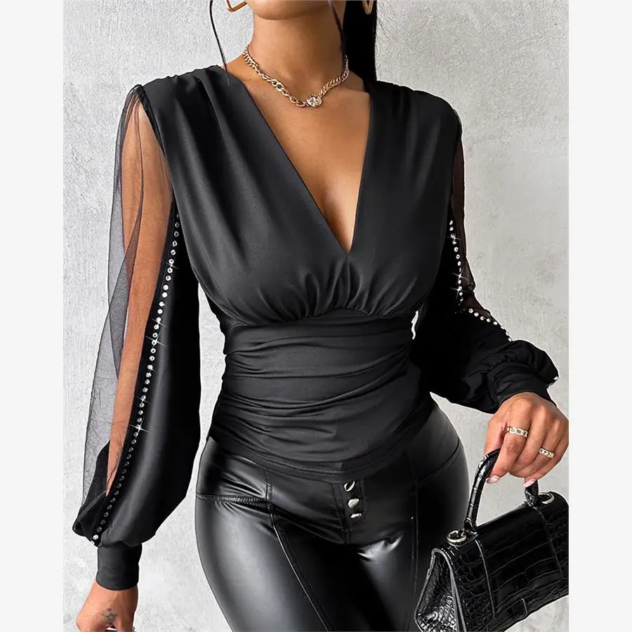 

Sexy V-Ne Me Patch Rhinestone T-irt Women's Patchwork Upper Body Polyester Spring 2024 Faion Trend