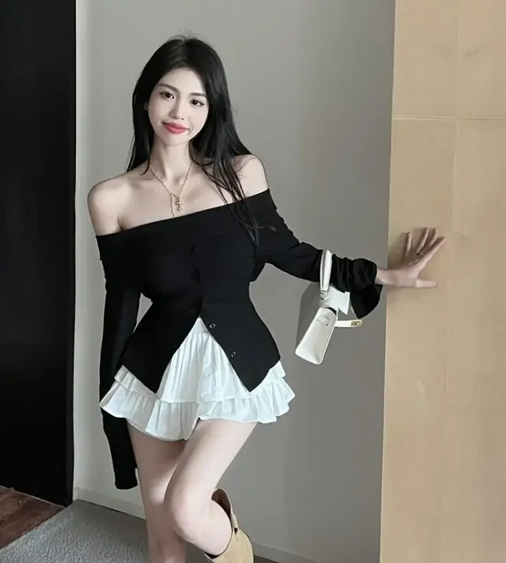 

New Autumn Winter Harajuku Gothic Hot Girls Punk Black Strapless Sexy Top Fashion Long Sleeve T-shirts Cool Girl