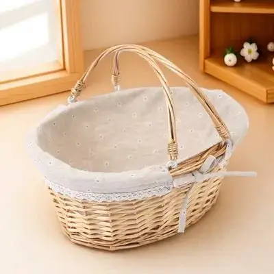 

Willow Handwoven Rustic Flower Girl Basket Adjustable Handle Wedding Flower Storage Basket Portable Picnic Decorative