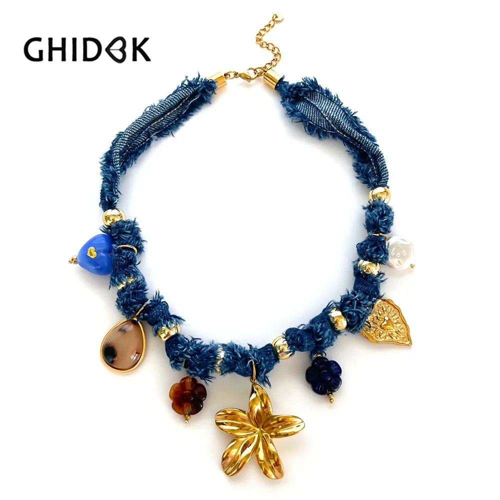 GHIDBK Fashionable and Unique Blue Cowboy Rope Chain Flower Heart Imitation Pearl Pendant Necklace Stainless Steel Women's Party