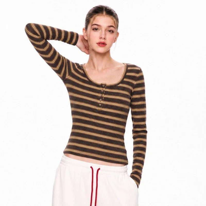 2026 Women Stripe T Shirts Sexy Cropped Tops Autumn Cotton U Neck Casual Long Sleeve Skinny Slim Basic Woman Tshirts Clothing
