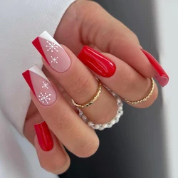 24Pcs/Set Women Girls Long Square Red French Geometric Snowflake Printing Full Coverage Wearable Fake Nail Press on Nail Art