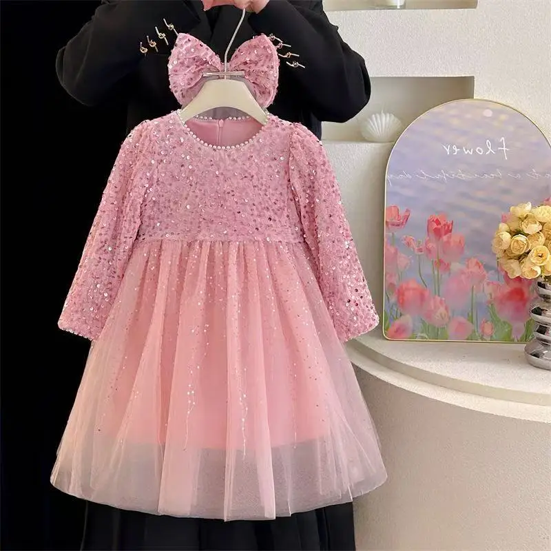 

Retail New Baby Girls Winter Boutique Fleece Sequined Mesh Bow Dress, Princess Kids Elegant Party Birthday Dress 2-9T