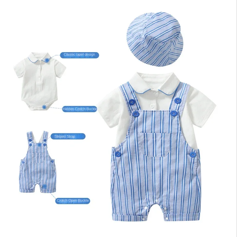 

Cotton Newborn Baby Boy Romper Suit Baby Boy Clothes Set Infant Outfit Striped Overalls with Cap 0-24M