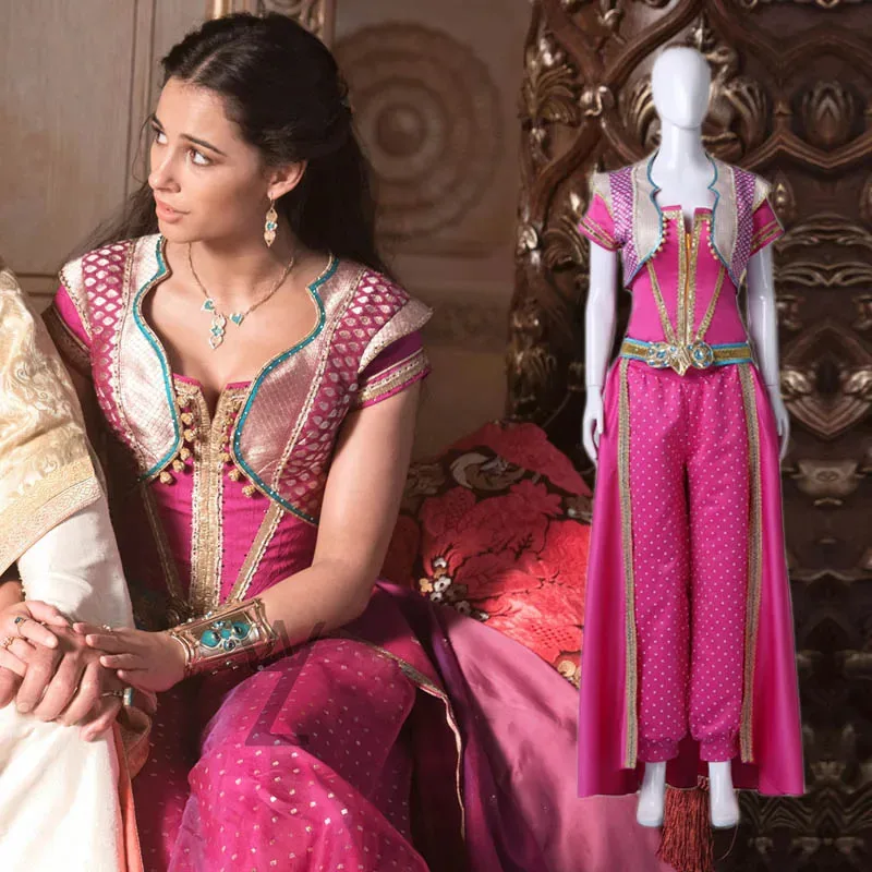 2019 فيلم علاء الدين فيلم تأثيري فستان الأميرة الياسمين زي يتوهم تنورة حمراء وردية سترة وسراويل مجموعة كاملة النساء هالوين