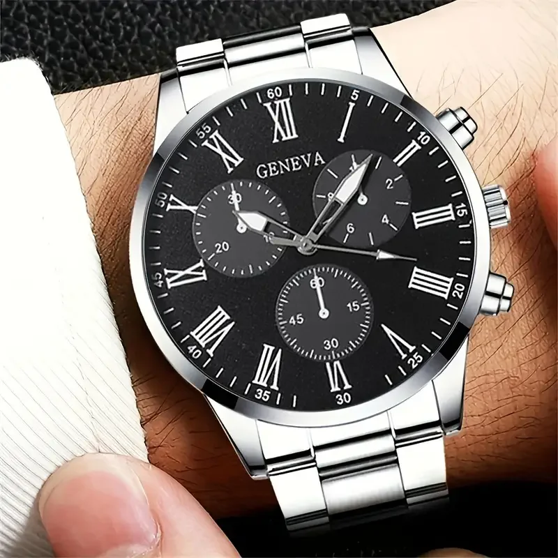 2pcs/set Men's Fashion Strap Quartz Watch Set, Black Design, Precise Timing, Suitable for Business and Casual Wear (No Box)